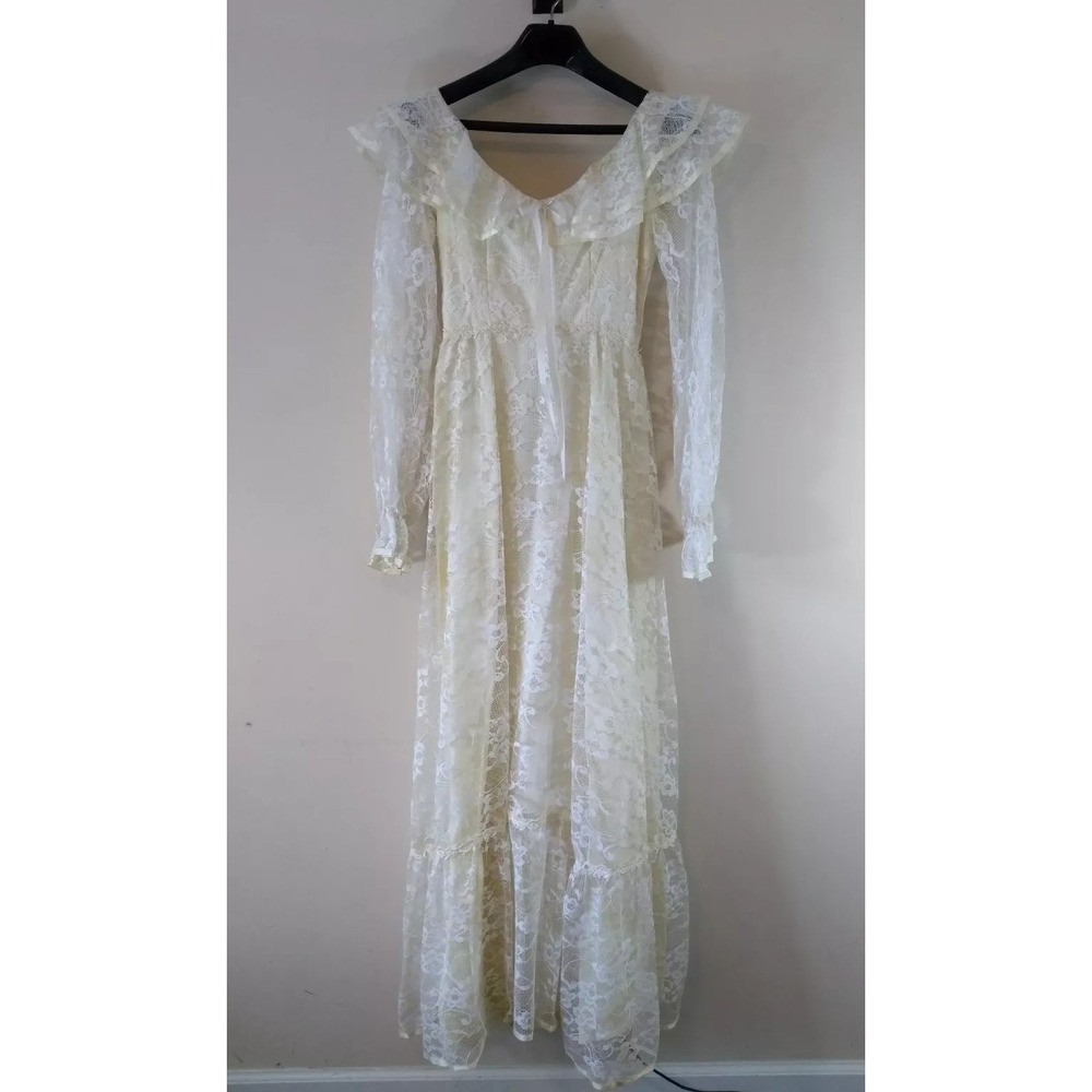 Vintage 70s Prairie Dress Long Sleeve Ruffle Lace Boho Wedding Ribbon